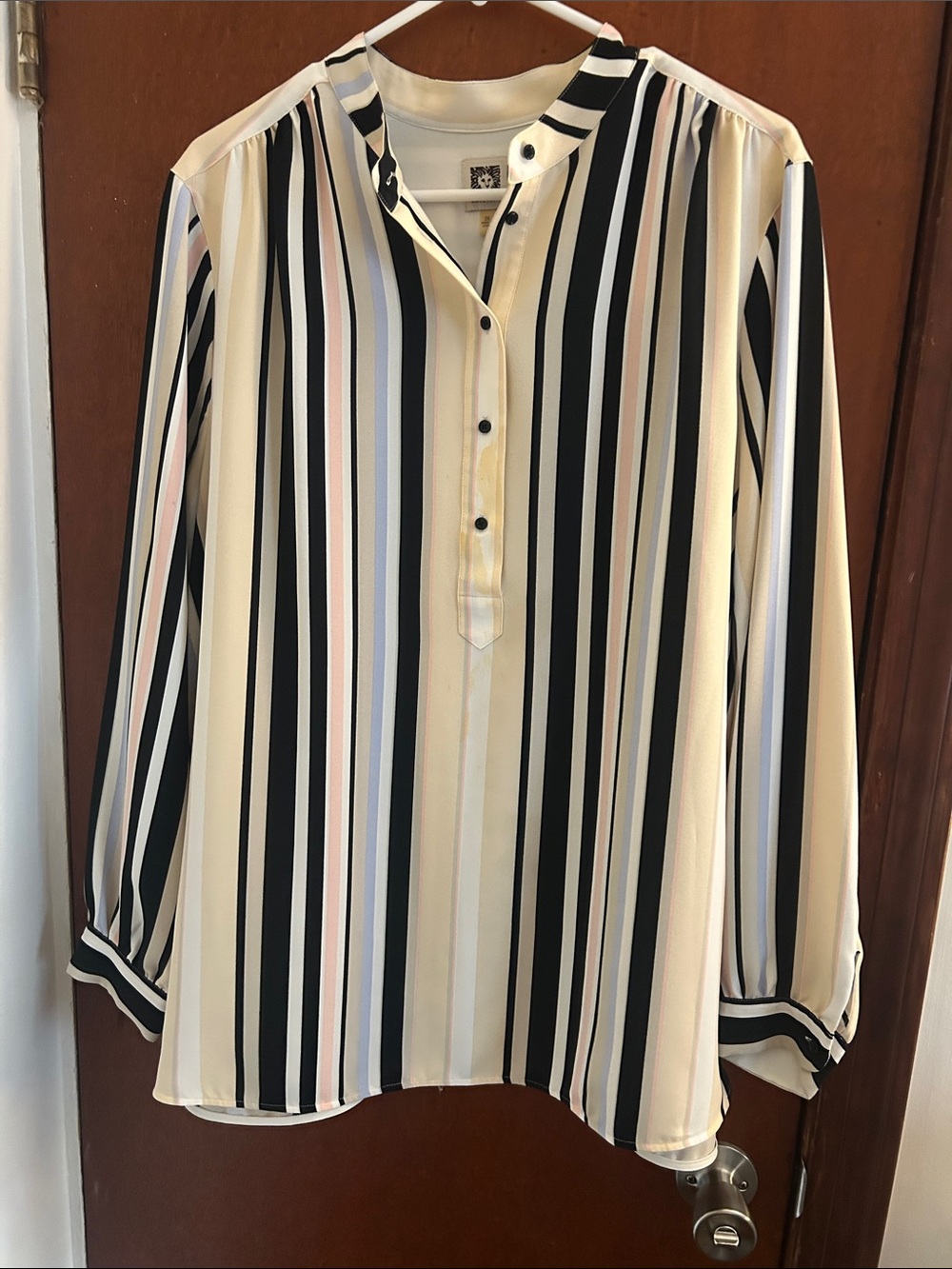 Anne Klein Vertical Stripe Band-Collar Shirt in Cream, Black & Blush